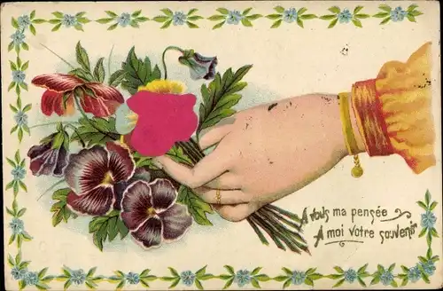 Stoff Präge Litho A vous ma pensée, A moi votre souvenir, Frauenhand, Blumen, Stiefmütterchen