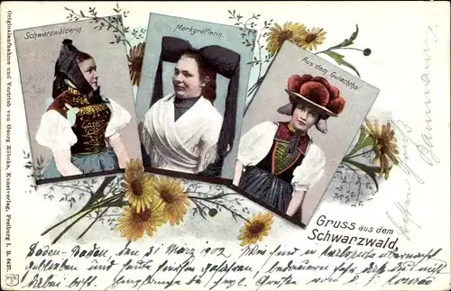 Ak Schwarzwälder Trachten, Markgräflerin, Schwarzwälderin, Aus dem Gutachthal