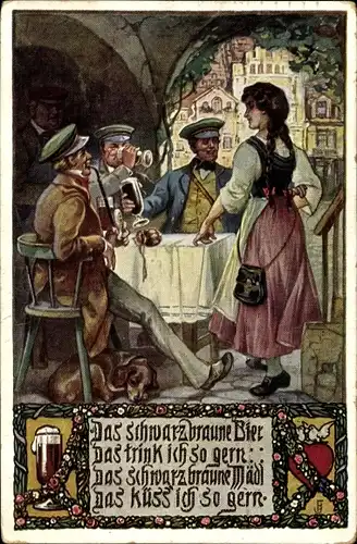 Künstler Ak Das schwarzbraune Bier das trink ich so gerne, Wirtshausszene