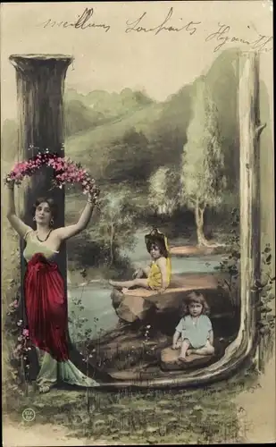 Buchstaben Ak Buchstabe U, Frau mit Kindern, Fluss, Bäume