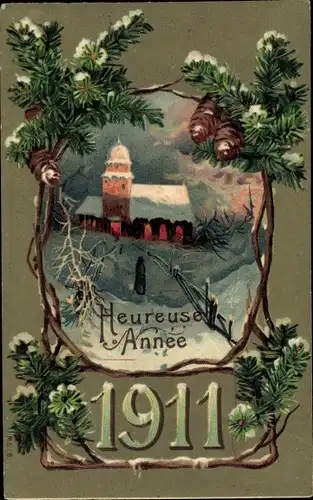 Passepartout Ak Glückwunsch Neujahr 1911, Kirche, Tannenzweige, Zapfen