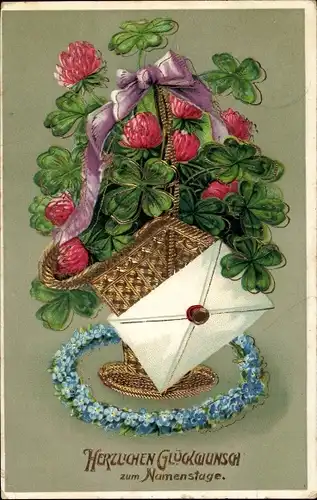 Ak Glückwunsch Namenstag, Brief, Glücksklee, Vergissmeinnicht