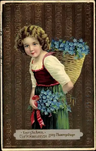Präge Ak Glückwunsch Namenstag, Mädchen in Tracht, Korb mit Vergissmeinnicht