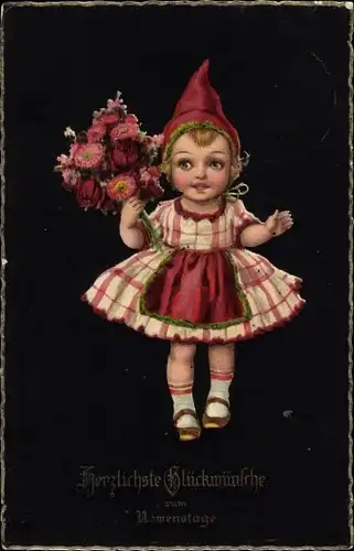 Ak Glückwunsch Namenstag, Mädchen mit Blumenstrauß
