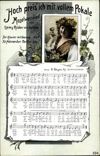 Lied Ak Hoch preis ich mit vollem Pokale, Moselweinlied von Emmy Rüden von Spillner, A, Beyer