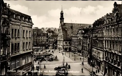 Ak Zwickau in Sachsen, Hauptmarkt mit Rathaus und Stadttheater