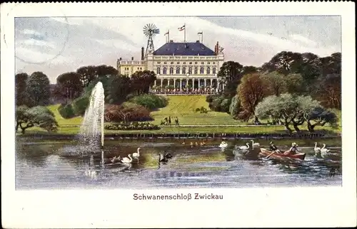 Ak Zwickau in Sachsen, Schwanenschloss, Uferpartie, Springbrunnen
