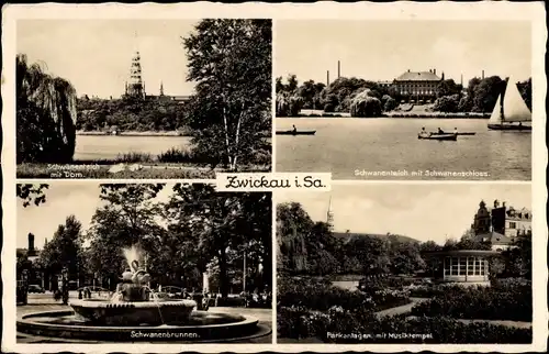 Ak Zwickau in Sachsen, Schwanenschloss, Musiktempel, Schwanenbrunnen, Dom