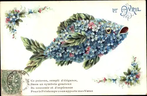 Ak Glückwunsch 1. April, Fisch, Vergissmeinnicht