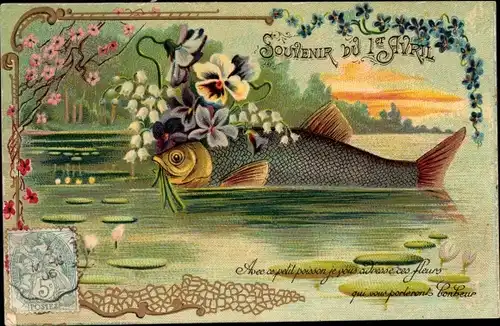 Präge Ak 1. April, Fisch mit Blumen im Maul