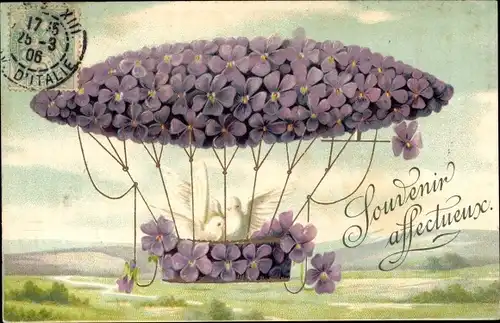 Präge Ak Souvenir affectueux, Luftschiff, Tauben, Veilchen