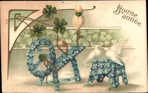 Präge Ak Glückwunsch Neujahr, Tauben, Glücksklee, Vergissmeinnicht