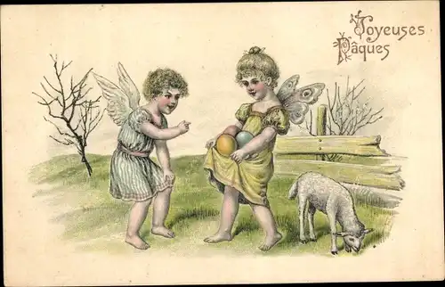 Präge Ak Glückwunsch Ostern, Engel, Ostereier, Lamm