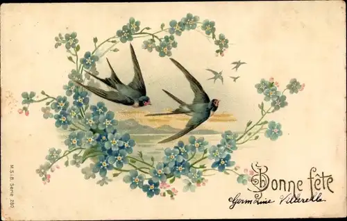 Litho Glückwunsch Neujahr, Schwalben, Vergissmeinnicht