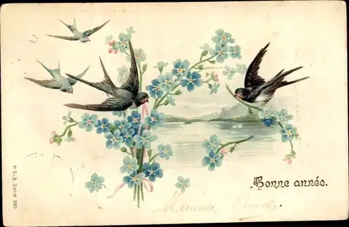 Präge Litho Glückwunsch Neujahr, Schwalben, Vergissmeinnicht