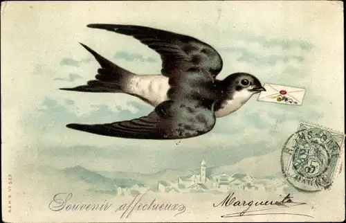 Litho Fliegende Schwalbe mit Brief im Schnabel