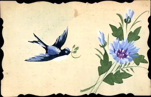 Handgemalt Ak Schwalbe im Flug, Blaue Blumen