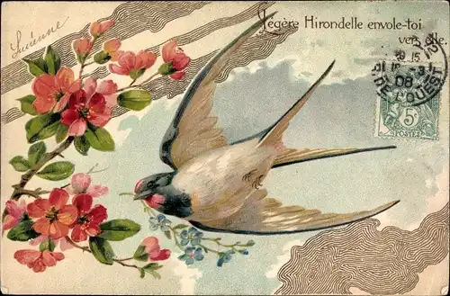 Präge Ak Schwalbe im Flug, Vergissmeinnicht, Blühender Baum