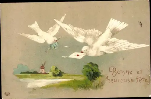 Präge Ak Glückwunsch, Bonne Fete, Tauben, Blumen, Brief