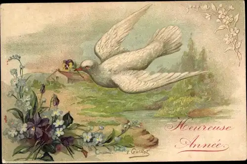 Künstler Ak Guillot, E., Glückwunsch Neujahr, Taube, Stiefmütterchen, Vergissmeinnicht