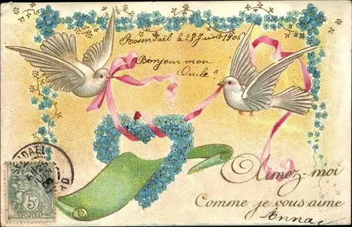 Präge Ak Tauben, Vergissmeinnicht, Schleifen, Herz, Kitsch