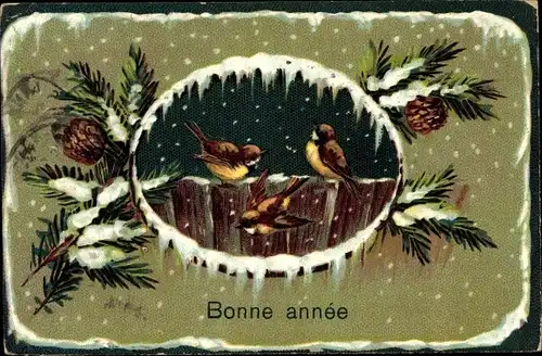 Präge Ak Glückwunsch Neujahr, Spatzen, Tannenzweig, Schnee
