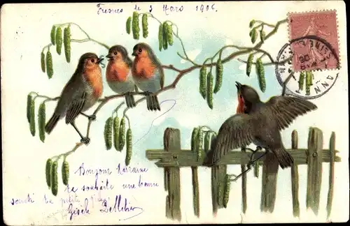 Präge Litho Singende Vögel, Haselnussbaum