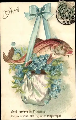 Präge Ak Glückwunsch 1. April, Fisch, Vergissmeinnicht, Schleife