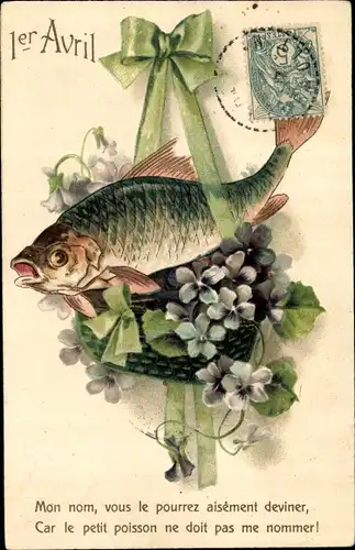 Präge Ak Glückwunsch 1. April, Schleife, Fisch, Blumen