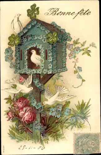 Litho Glückwunsch, Bonne Fete, Tauben, Vergissmeinnicht, Vogelhäuschen, Rosen