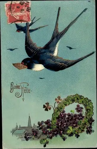 Ak Glückwunsch, Bonne Fete, Schwalben, Glücksklee, Veilchen