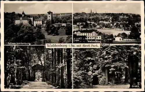 Ak Waldenburg in Sachsen, mit fürstl. Park, Schloss, Ortsansicht, Stille Naturfreude, Grotte
