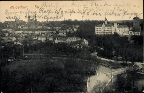 Ak Waldenburg in Sachsen, Blick auf den Ort, Kirche, Schloss, Fluss, Brücke