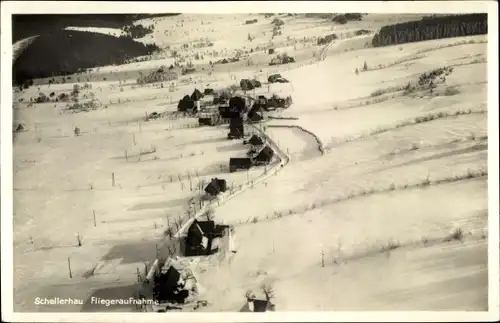Ak Schellerhau Altenberg im Erzgebirge, Fliegeraufnahme, Winter