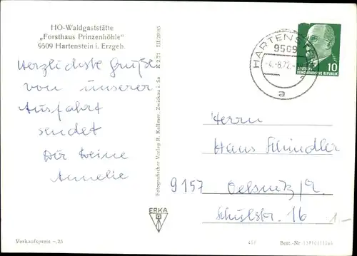 Ak Hartenstein im Erzgebirge Sachsen, HO Waldgaststätte Forsthaus Prinzenhöhe