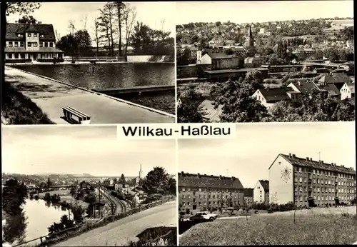 Ak Wilkau Haßlau in Sachsen, Freibad, Panorama, Wohnsiedlung
