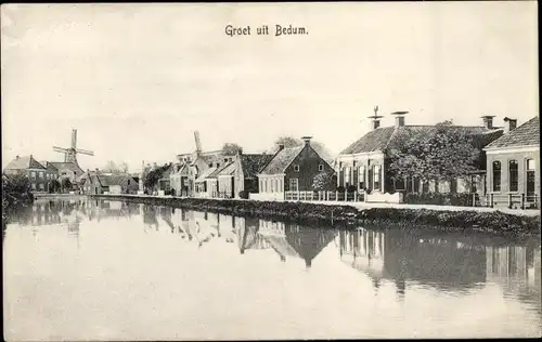 Ak Bedum Groningen Niederlande, Kanalpartie, Windmühle