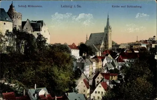 Ak Leisnig an der Freiburger Mulde Sachsen, Schloss Mildenstein, Kirche, Schlossberg