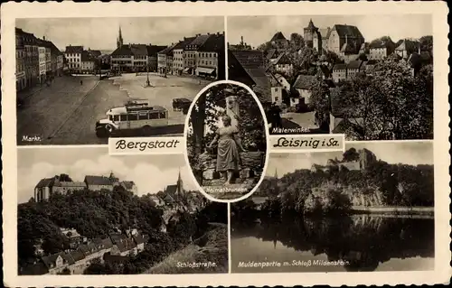 Ak Leisnig in Sachsen, Markt, Bus, Malerwinkel, Schlossstraße, Schloss Mildenstein, Heimatbrunnen
