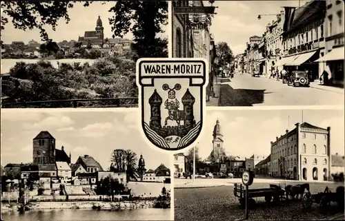 Ak Waren an der Müritz, Straßenpartie, Geschäfte, Teilansichten, Wappen