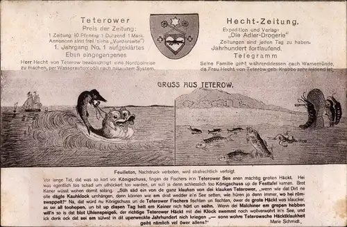 Wappen Künstler Ak Teterow in Mecklenburg, Teterower Hecht Zeitung, Gedicht M. Schmidt