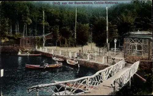 Ak Gohlis Niederau, Gruss aus der Buschmühle, Ruderboote, Brücke, Wald