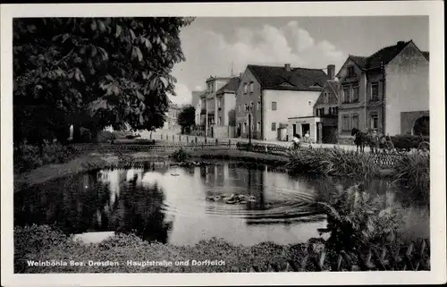 Ak Weinböhla in Sachsen, Hauptstraße und Dorfteich, Pferdekarren