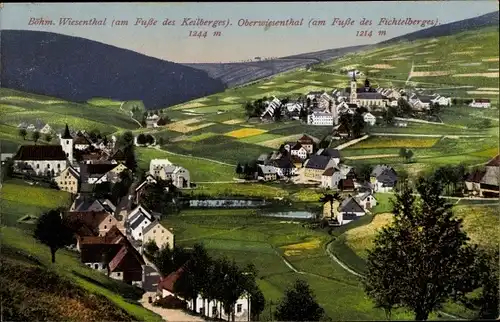 Ak Oberwiesenthal im Erzgebirge Sachsen, Kirche, Am Fuße des Keilberges, Panorama vom Ort