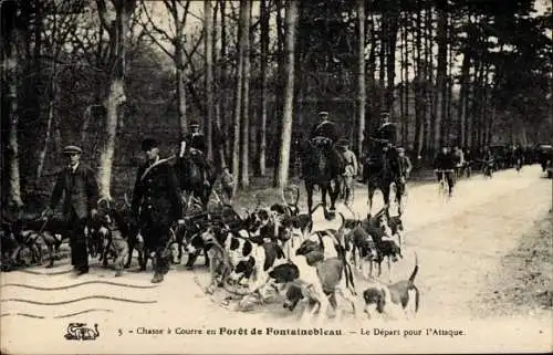 Ak Foret de Fontainebleau Seine et Marne, Chasse a Courre, le depart pour l'attaque