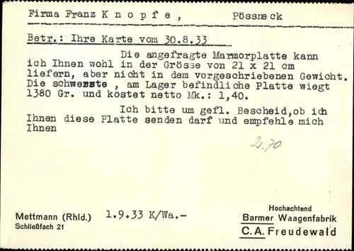 Ak Mettmann in Nordrhein Westfalen, Barmer Waagenfabrik, C. A. Freudewald, Inh. Paul Herzog