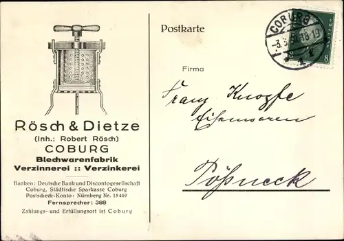 Ak Coburg in Oberfranken, Rösch & Dietze, Blechwarenfabrik, Verzinkerei, Robert Rösch