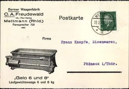 Ak Mettmann in Nordrhein Westfalen, Barmer Waagenfabrik, C. A. Freudewald, Inh. Paul Herzog