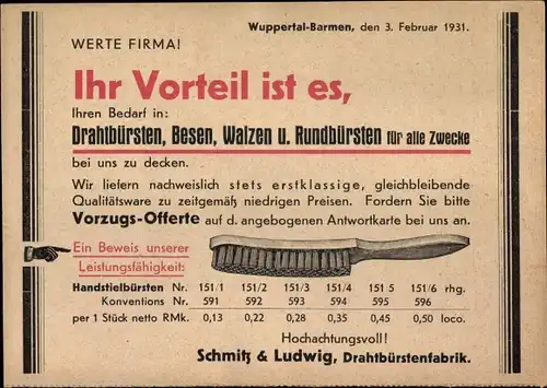 Ak Barmen Wuppertal in Nordrhein Westfalen, Schmitz & Ludwig Drahtbürstenfabrik, Reklame
