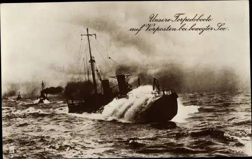 Ak Deutsches Kriegsschiff, Torpedoboote auf Vorposten bei bewegter See